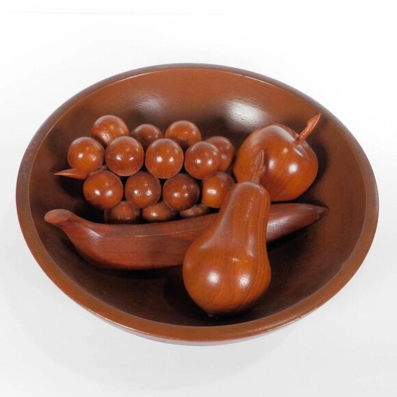 Vintage Wood Fruit Bowl & Wood Fruits Banana Pear Apple Grape 70s 80s Kitsch - Picture 1 of 6